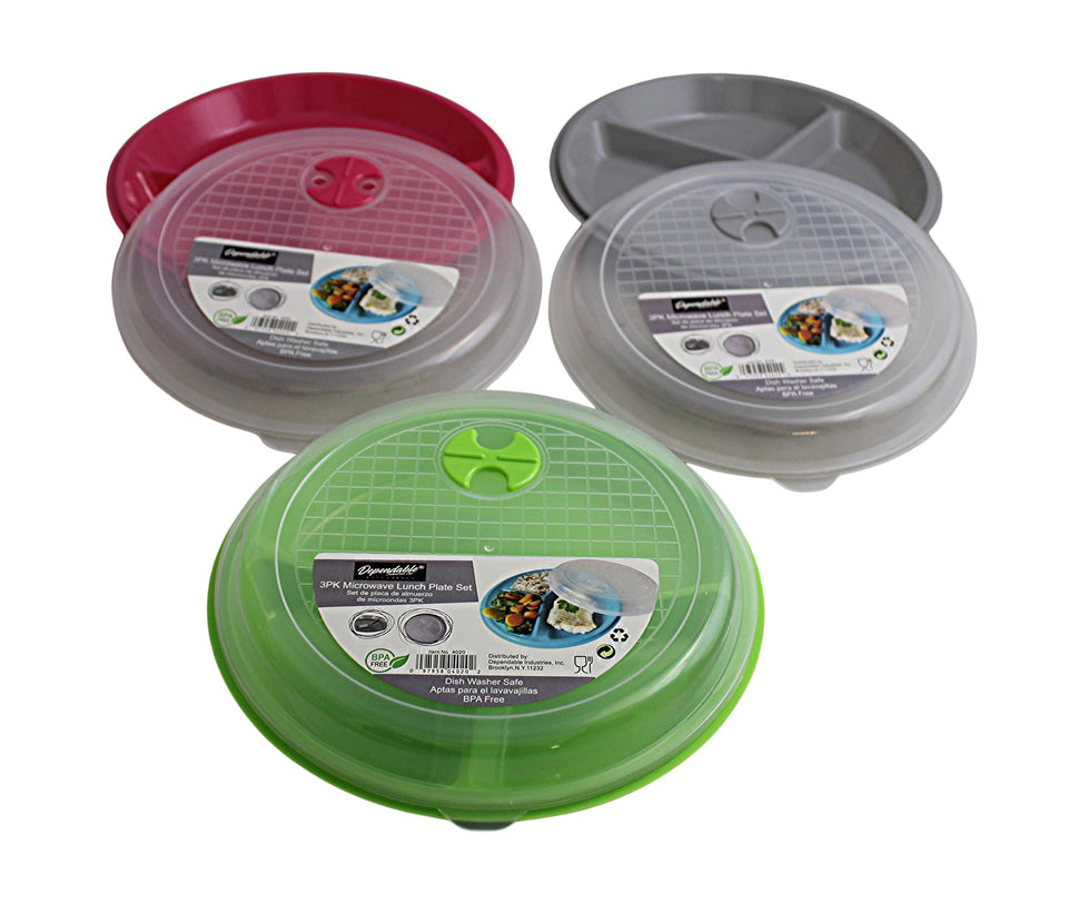 Dependable Essentials 3-pack divided plate green with vented lid for portion control.