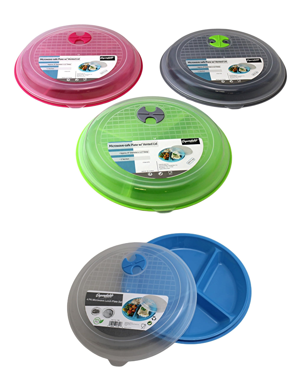 Dependable Essentials 4-pack divided plates with lids on counter for meal prep