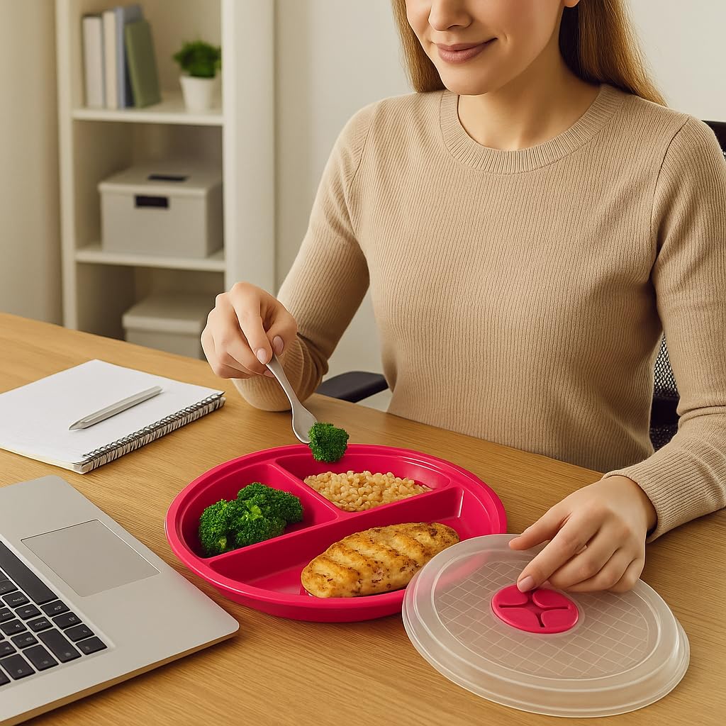 Dependable Essentials vented lid close-up demonstrates steam release for mess-free reheating.