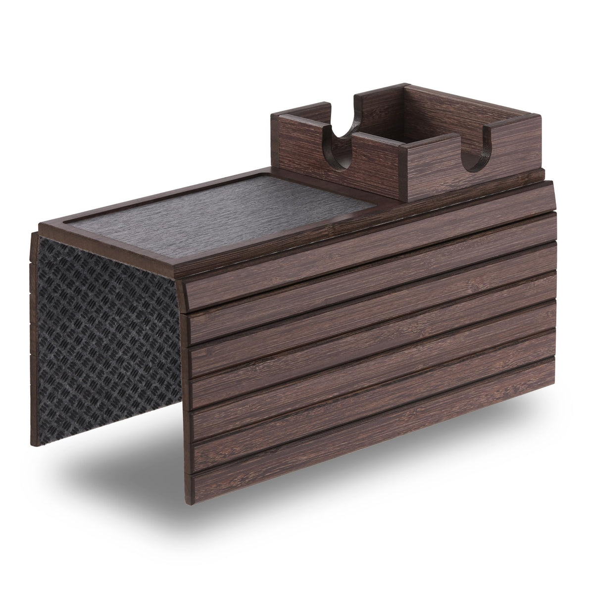 Detor Couch Cup Holder Tray featuring the anti-slip pad keeps drinks stable on your armrest.