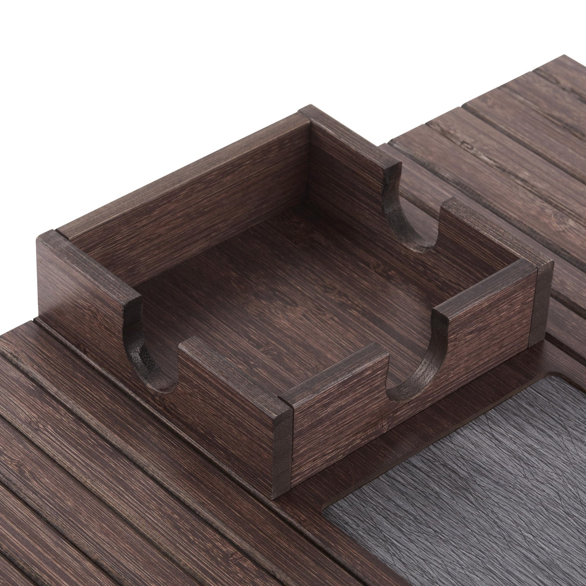 Detor couch tray blends with decor and helps keep surfaces organized.