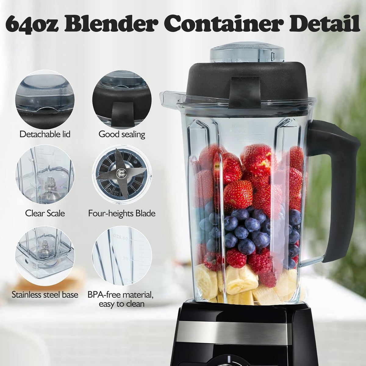 Deuovht 64oz pitcher with secure lid to prevent leaks during blending