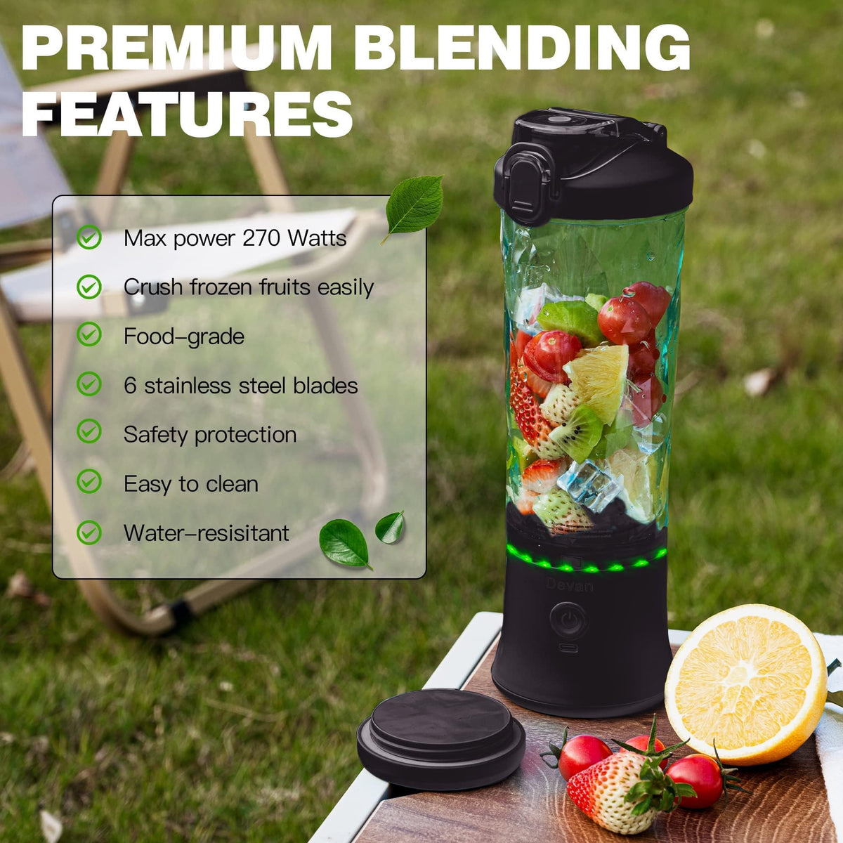 Devan portable blender motor with pulse for smooth shakes anywhere.