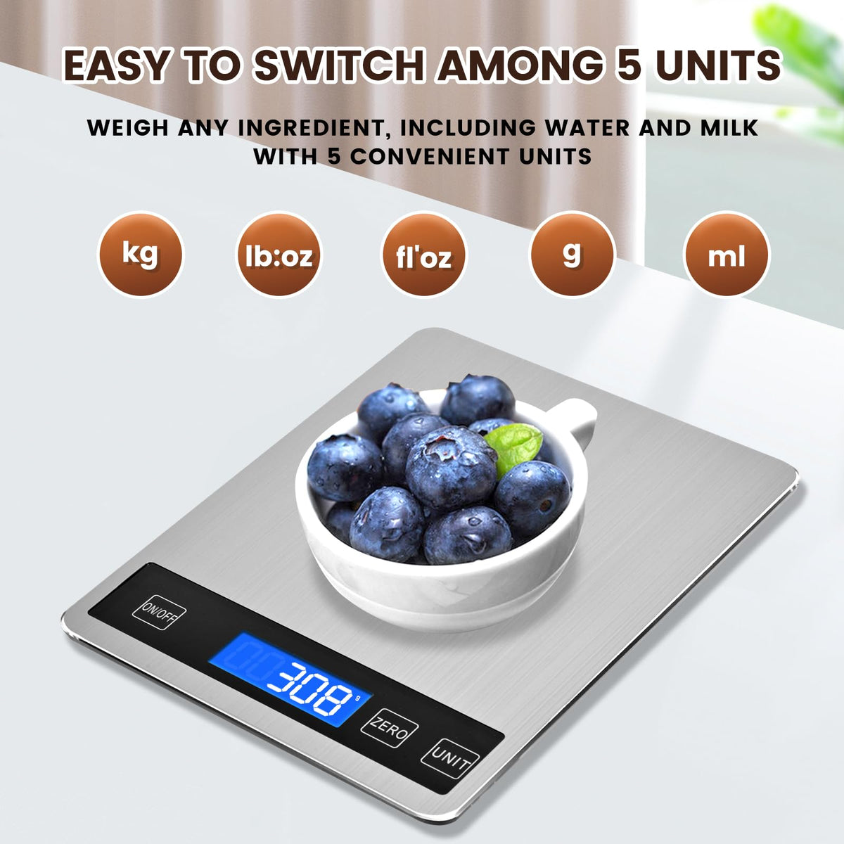 Deweywei 33lb scale with tempered glass top and stainless surface.