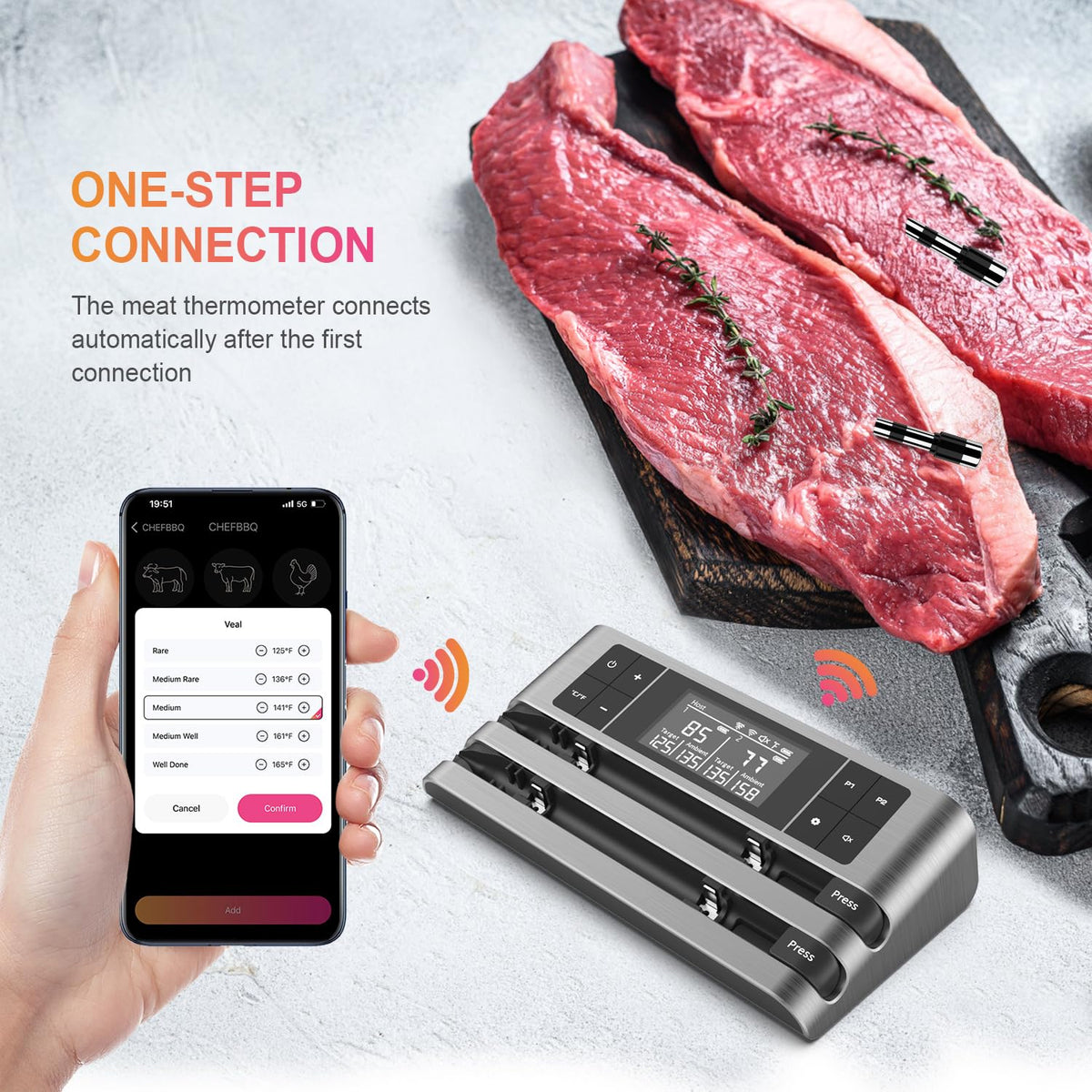 Dewjom dual-sensor probe close-up highlights precise internal and ambient readings.