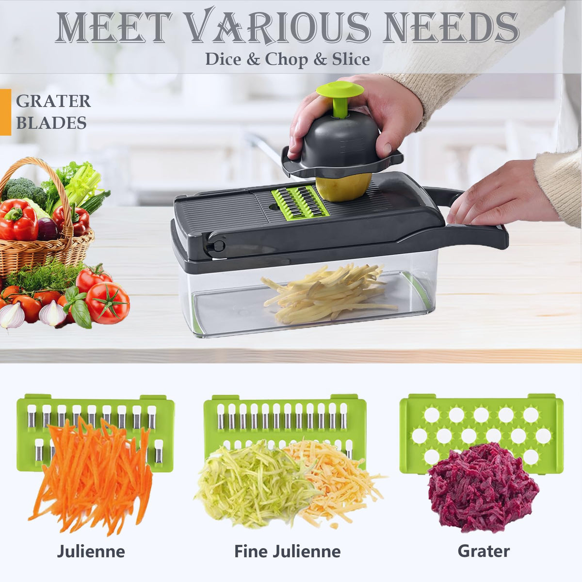 Dewpeton Pro-Series spiralizer blades turning vegetables into ribbons for healthy meals