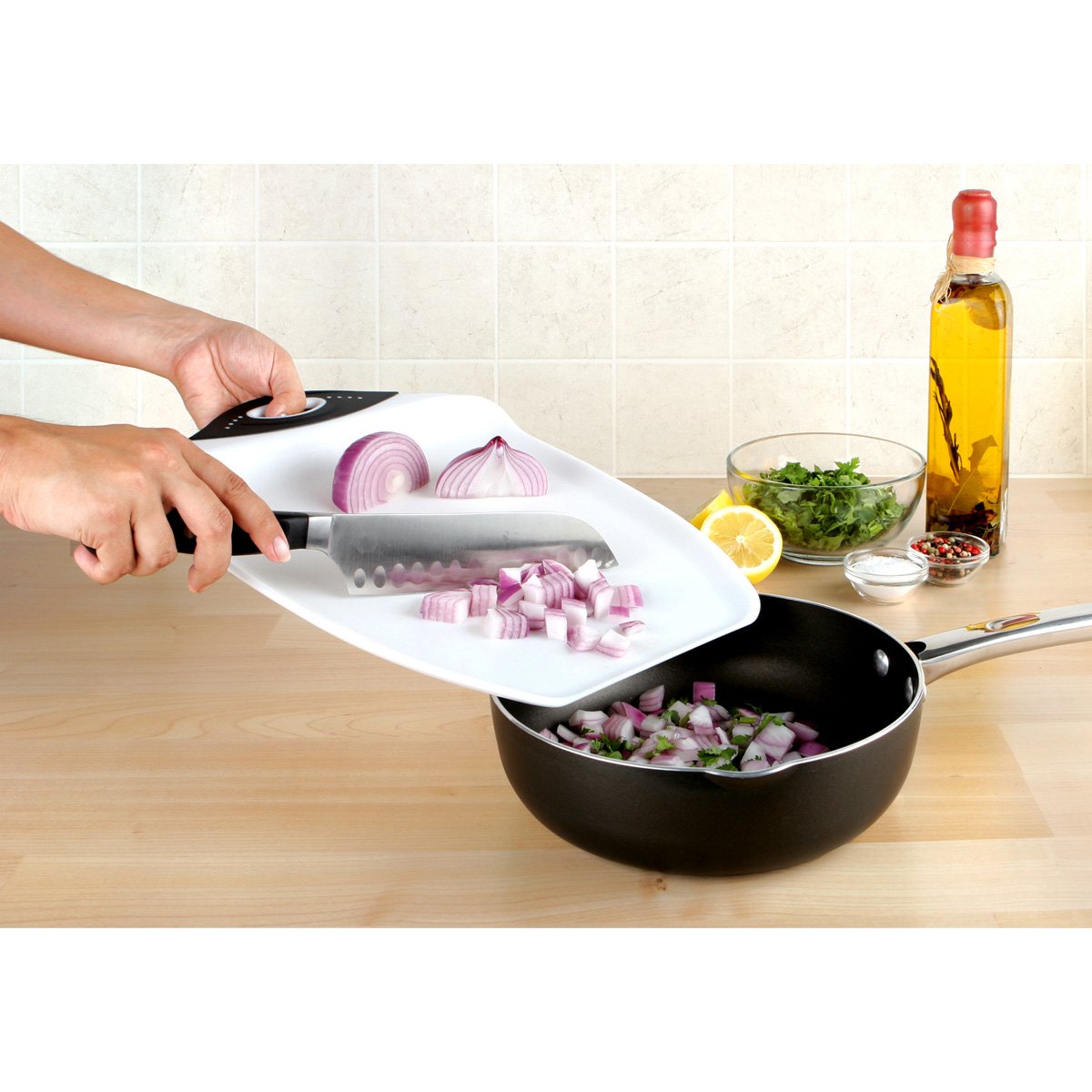 Dexas Chop and Scoop board being cleaned in a dishwasher, surface resists odors.