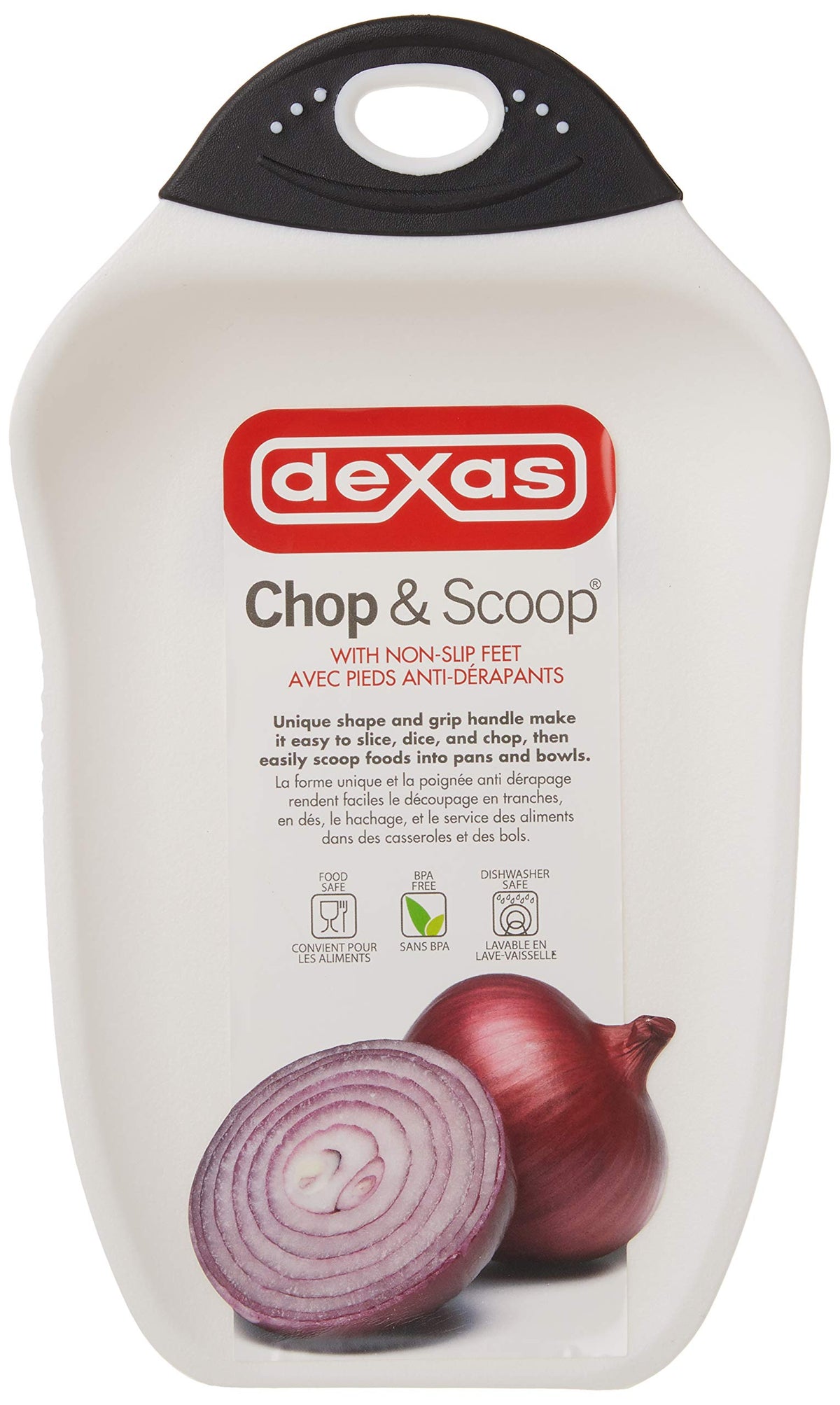 Dexas Chop and Scoop board dishwasher safe surface for easy cleanup.