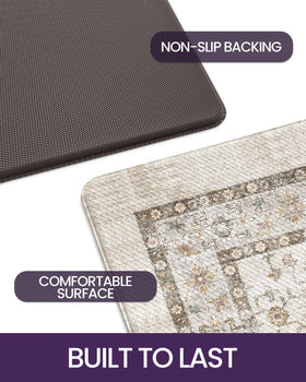 DEXI beige ivory kitchen rug complements stainless and wood accents.