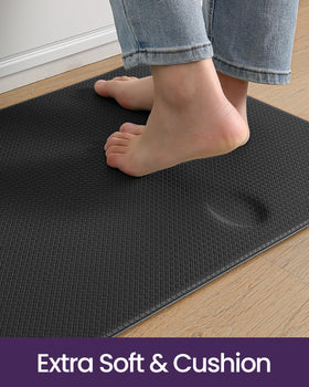 DEXI cushioned anti-fatigue mat provides soft support during cooking tasks.