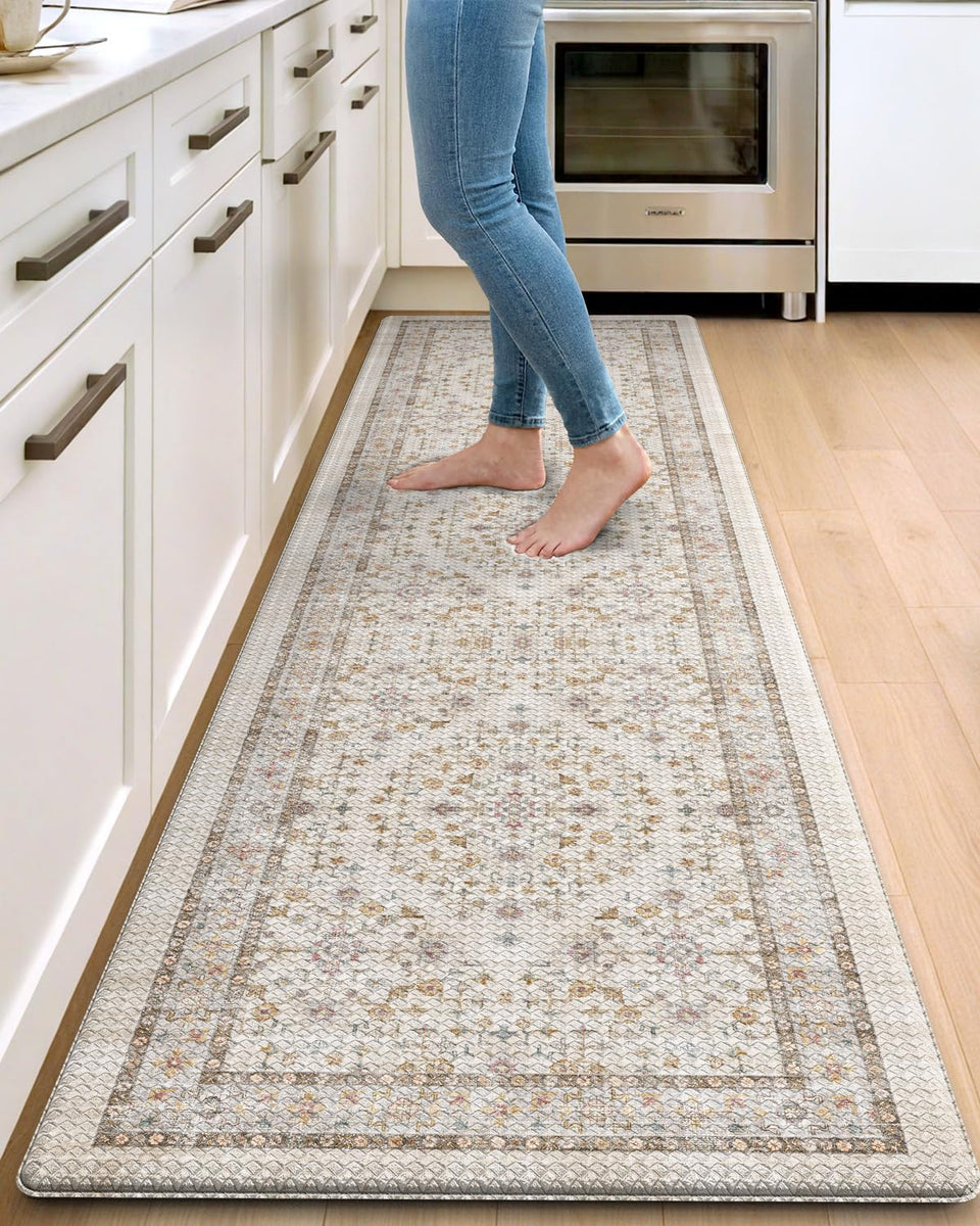 DEXI anti-fatigue beige ivory kitchen floor mat with memory foam cushion for standing comfort.