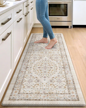 DEXI cushioned kitchen floor mat with memory foam offers anti-fatigue comfort during cooking
