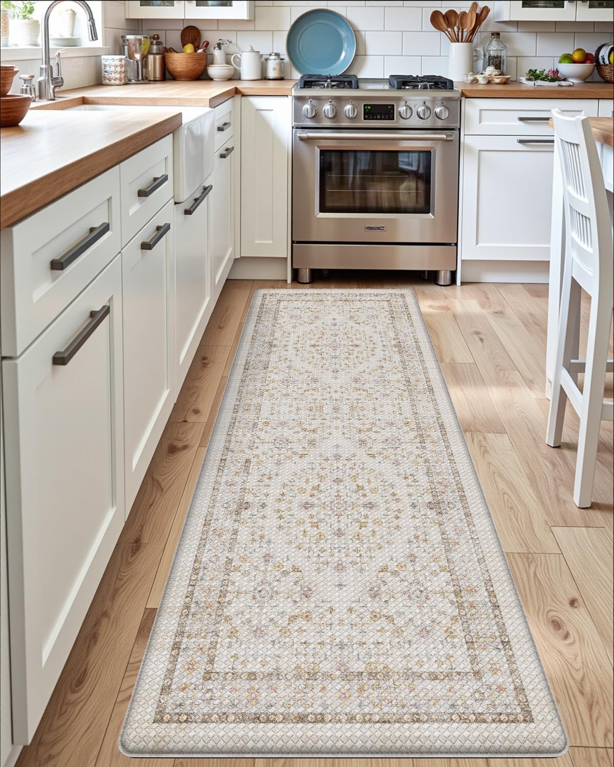 DEXI retro floral pattern kitchen mat adds vintage elegance to decor.
