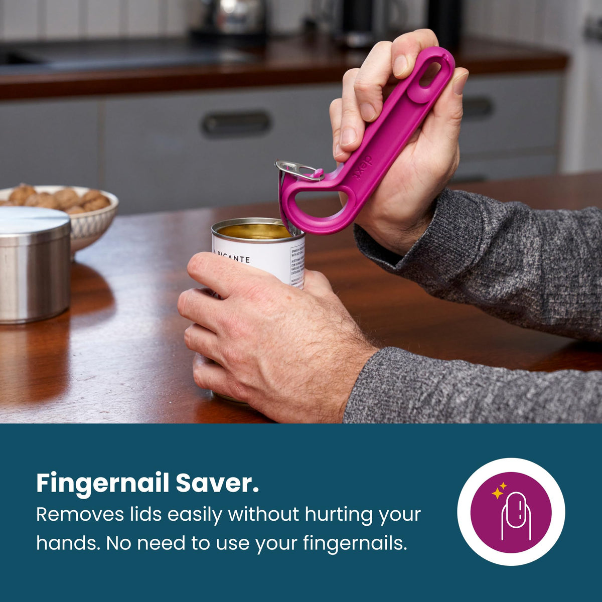 Dext teal pet-food can opener aids feeding with less effort.