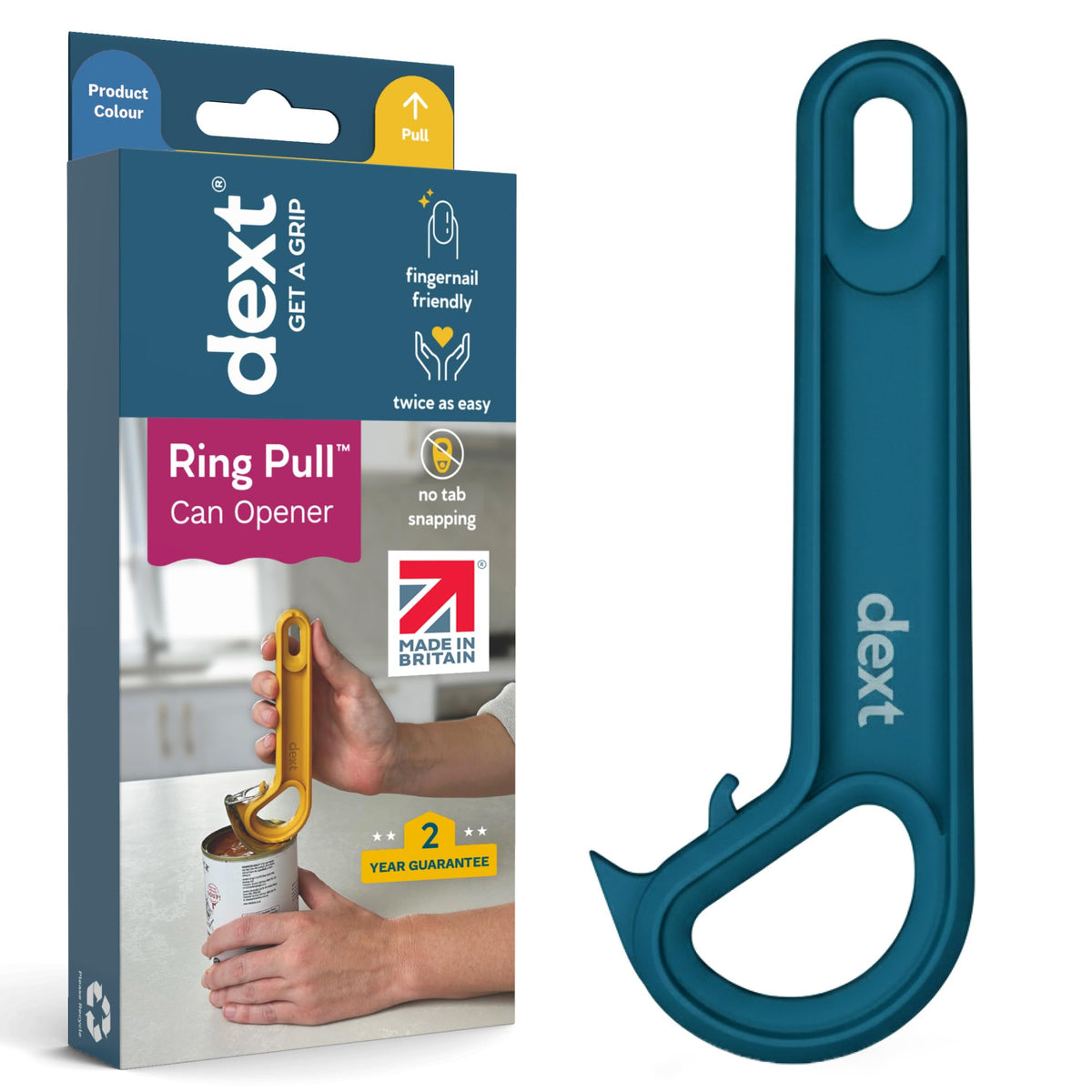 Dext ring pull opener with ergonomic teal handle for precise grip and control.