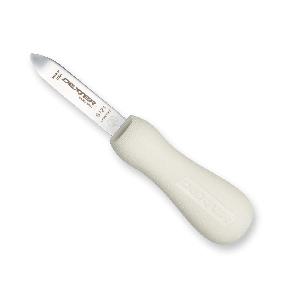 Dexter-Russell oyster knife with bent tip enables easy shell entry in busy kitchens.