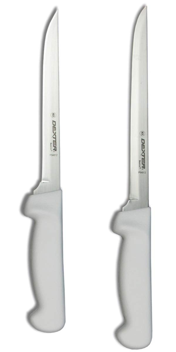 Dexter-Russell 7-8 inch fillet knives with white handles for precise meat and fish prep.