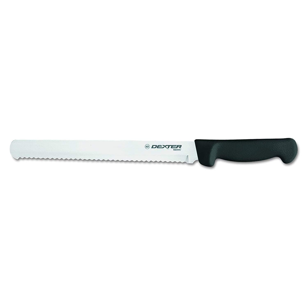 Dexter-Russell Basics 10-inch scalloped edge knife with textured handle for confident grip in busy kitchens.