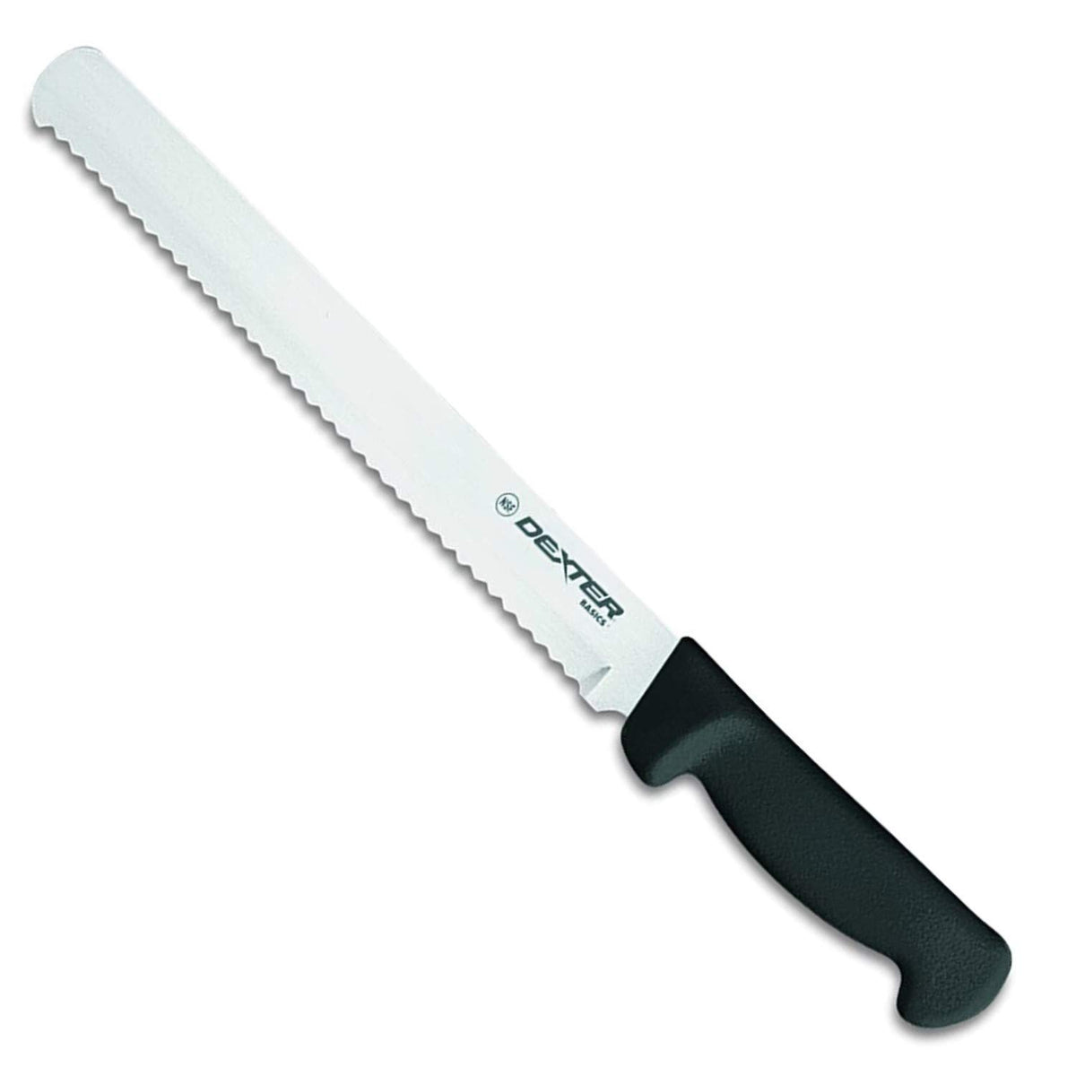 Dexter-Russell Basics 10-inch scalloped edge bread knife with black polypropylene handle for even slicing.