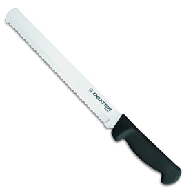 Dexter-Russell Basics 10-inch scalloped edge bread knife with black polypropylene handle for even slicing.