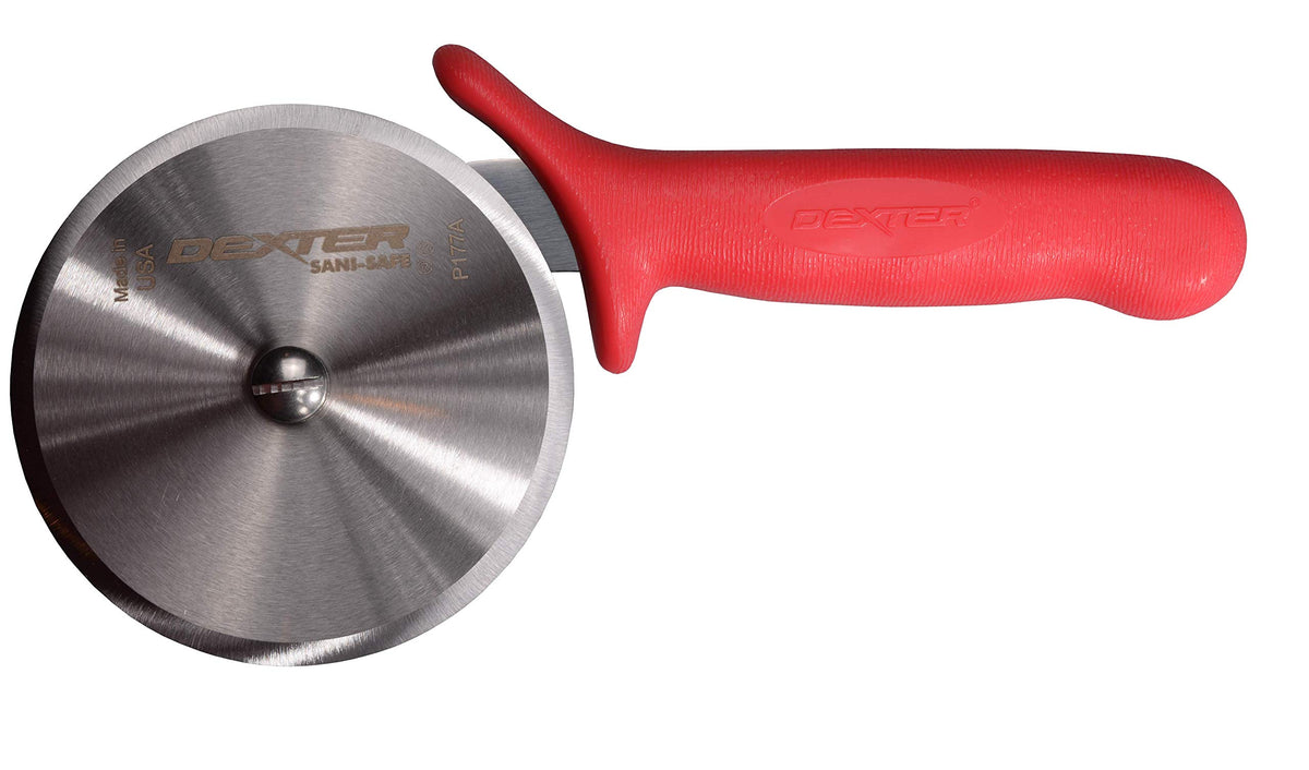 Dexter-Russell P177AR-PCP pizza cutter with red textured handle for precise, sanitary slicing.