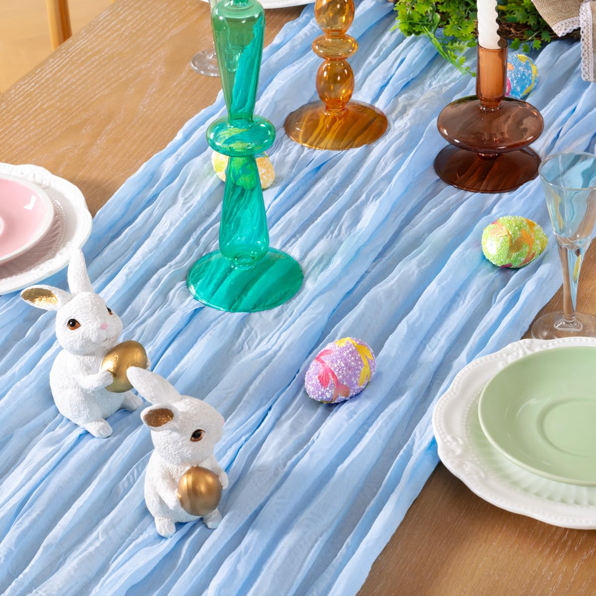 DeZerlor Baby Blue Cheesecloth Table Runner folded-pleats brings rustic charm to spring gatherings.