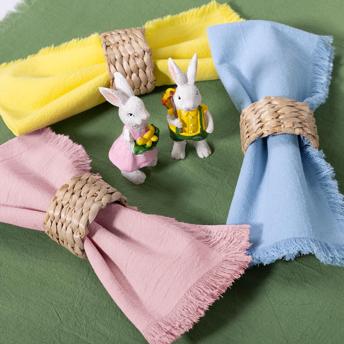 DeZerlor fringed napkins on a dining table enhance rustic boho vibes.