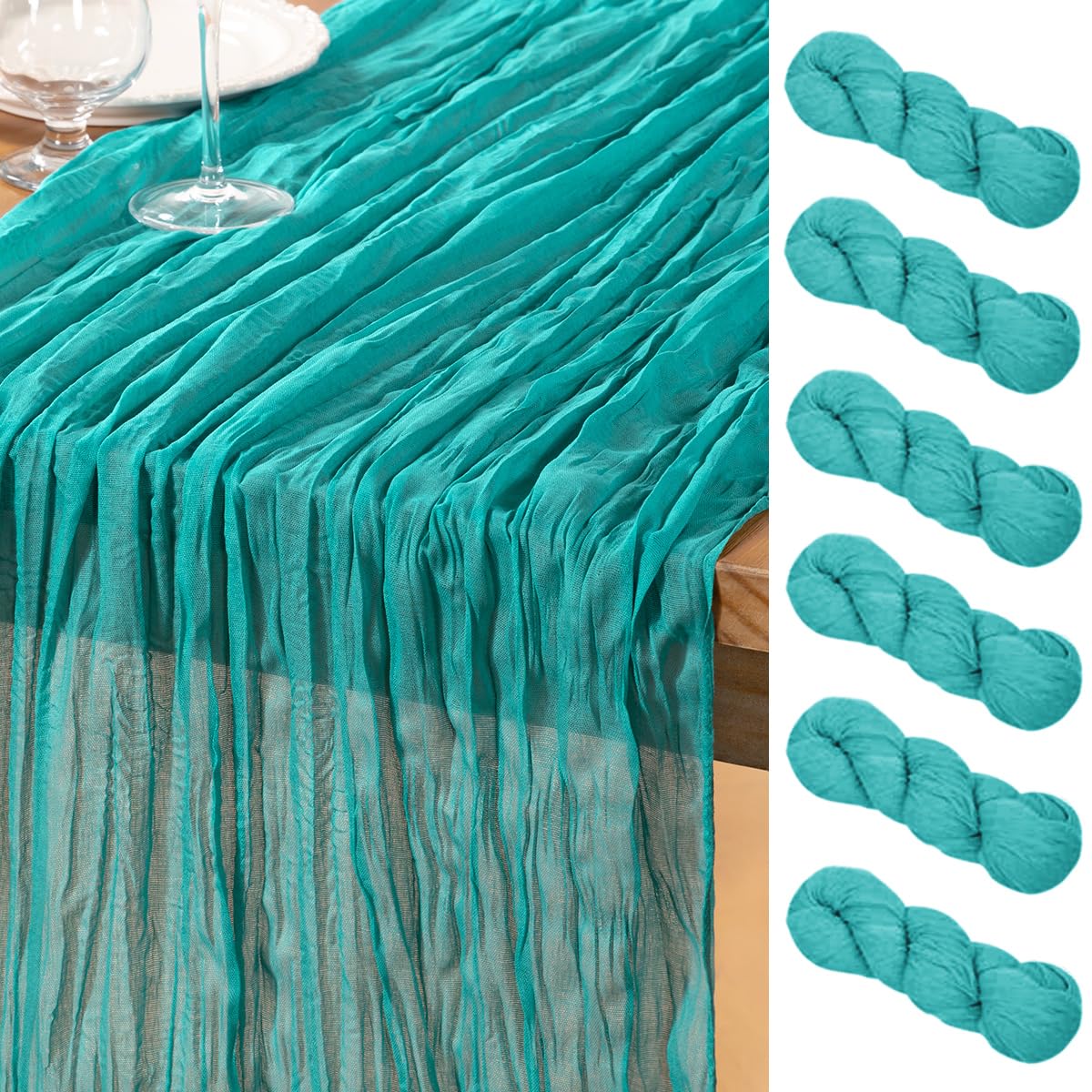DeZerlor Teal Green Cheesecloth Table Runner six-pack unfolded for a long banquet table
