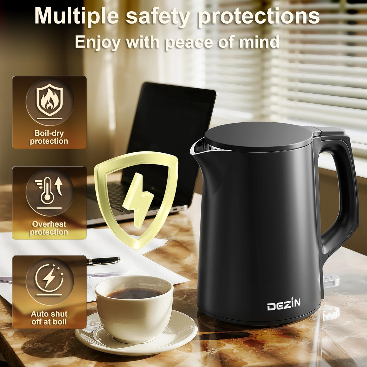 Dezin compact kettle fits dorms, offices, and travel bags for quick hot beverages.