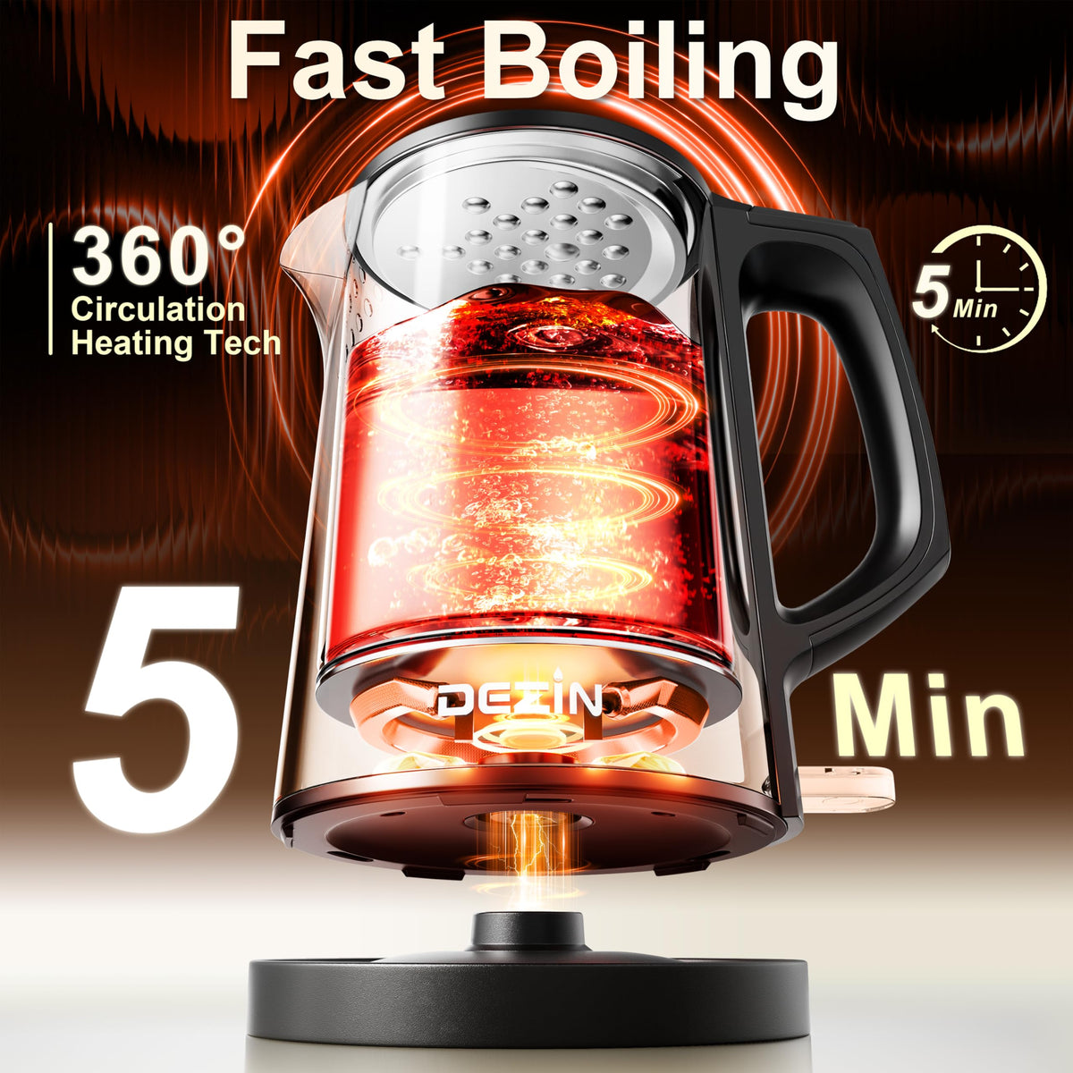 Dezin 0.8L kettle with 360-degree base for convenient cordless use.