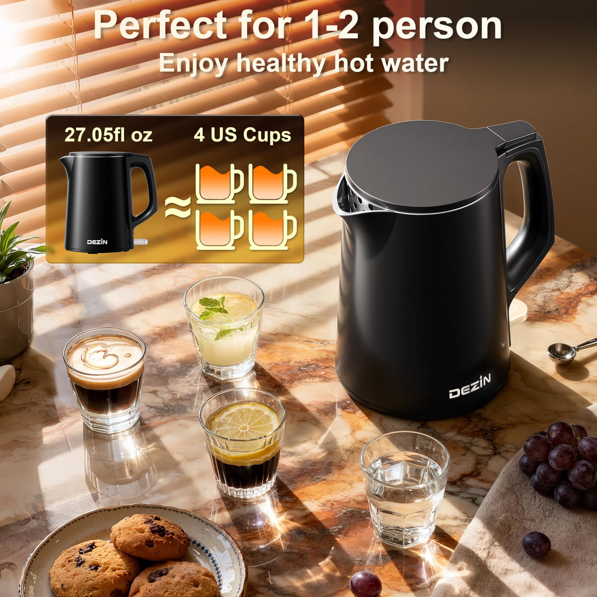 Dezin lightweight travel kettle delivers safe, fast hot water on the go.