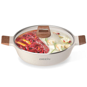 DEZIN 5qt double-flavor pot divider top view shows dual broth setup for variety.