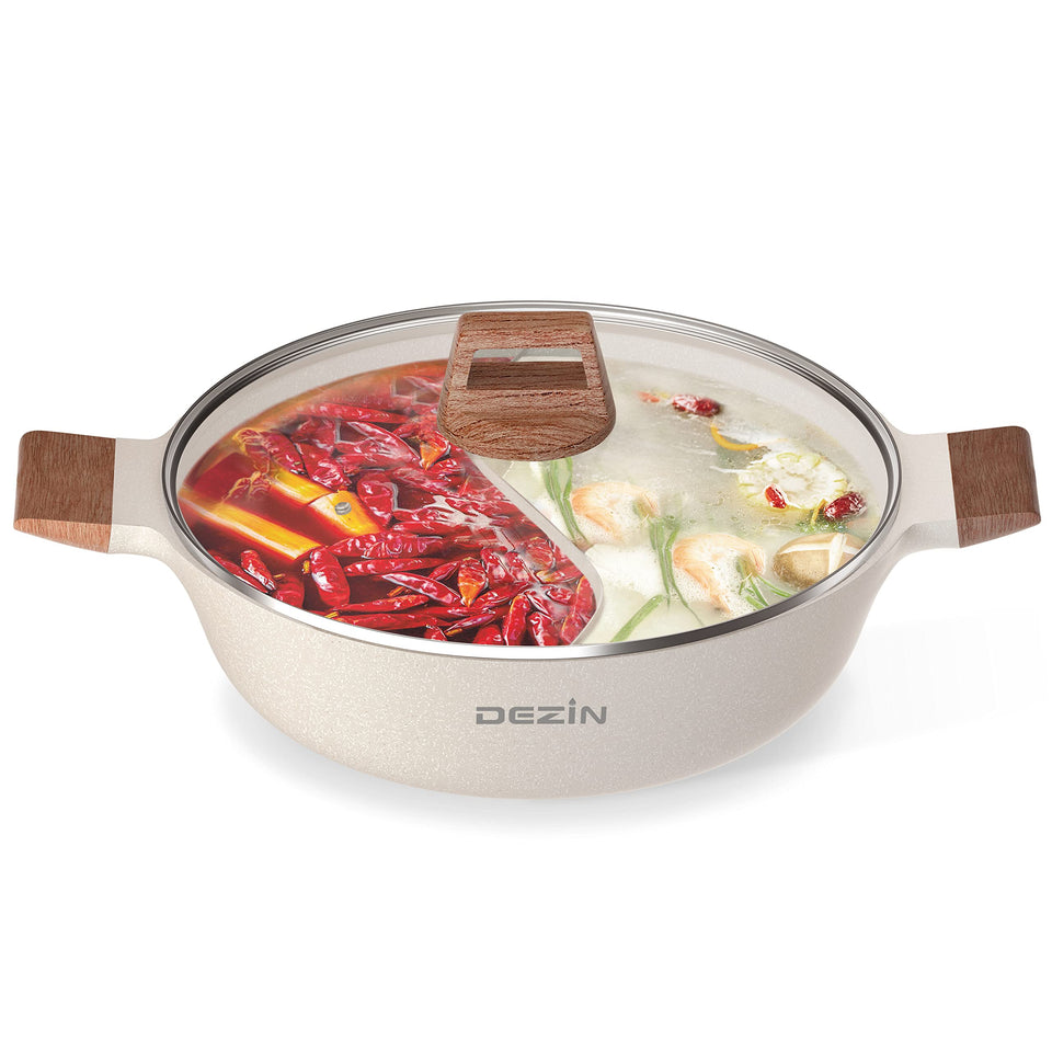 DEZIN 5qt double-flavor pot divider top view shows dual broth setup for variety.