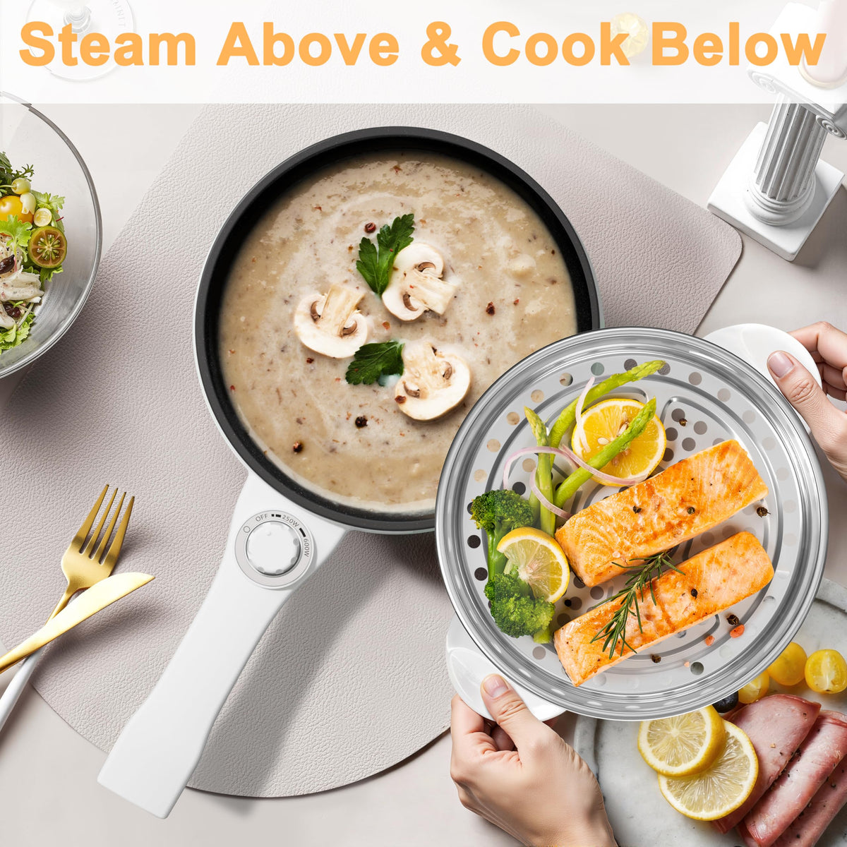 DEZIN adjustable power control lets you tailor heat for noodles and eggs