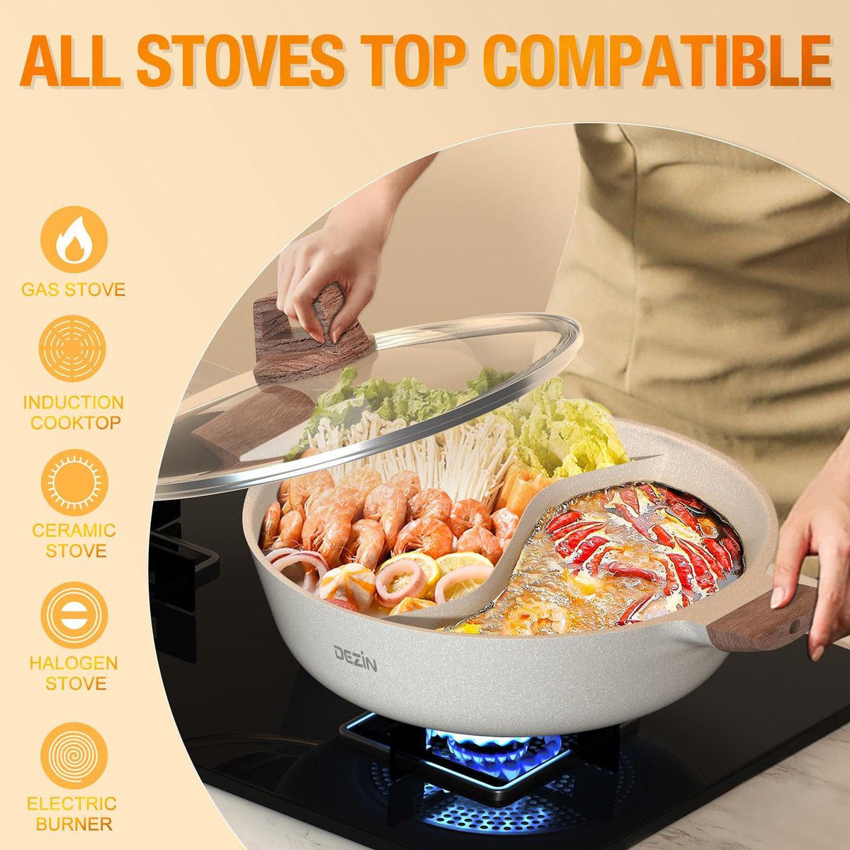 DEZIN divided shabu-shabu pot handle close-up highlights sturdy heat-safe grip.