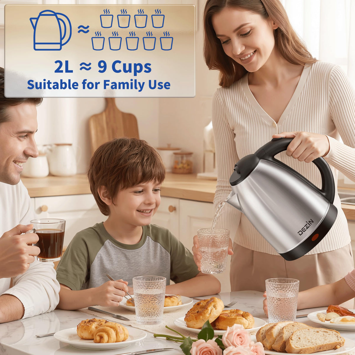 DEZIN electric kettle brushed exterior in kitchen setting
