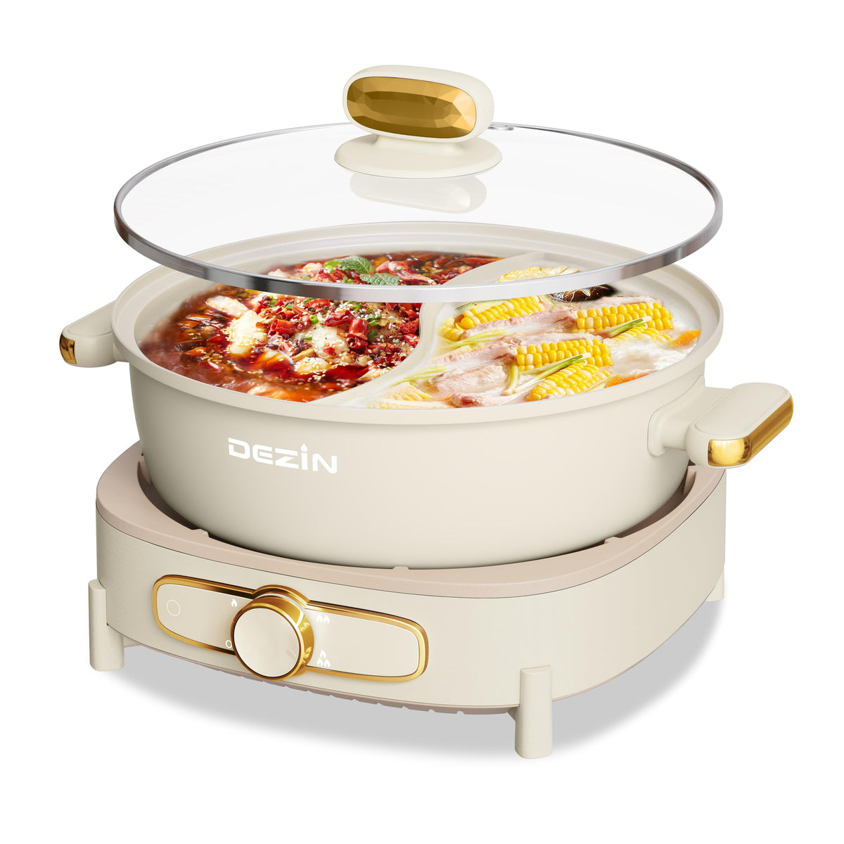 DEZIN hot pot divider enabling two-flavor setup for simultaneous broths at the table