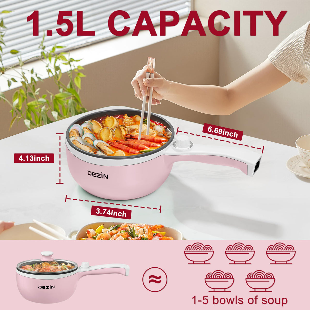 DEZIN hot pot dorm-friendly portable design shown for on-the-go cooking.