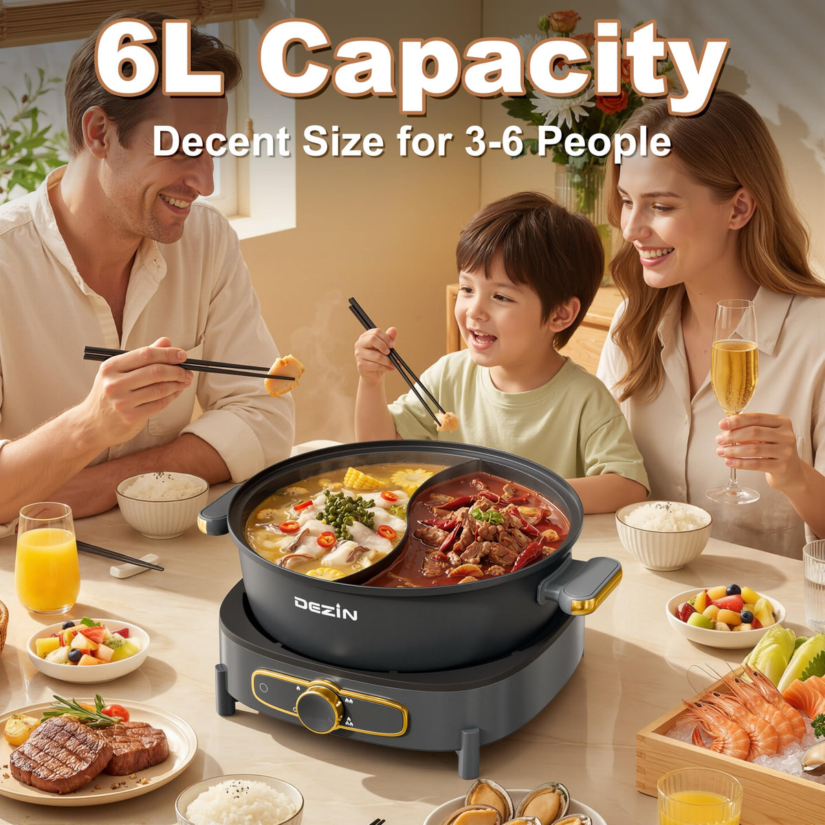 DEZIN hot pot dual flavor design supports two broths at once.
