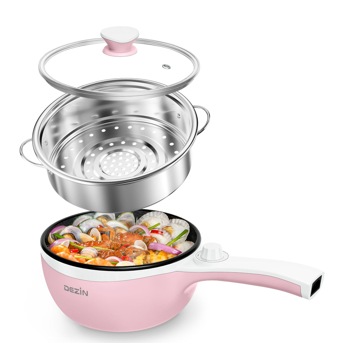 DEZIN hot pot electric with steamer in action for quick meals.