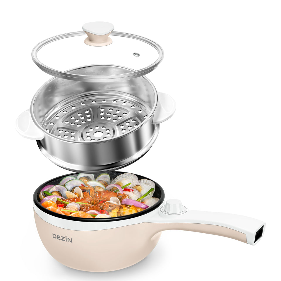 DEZIN hot pot electric with steamer displays versatile cooking in a compact unit