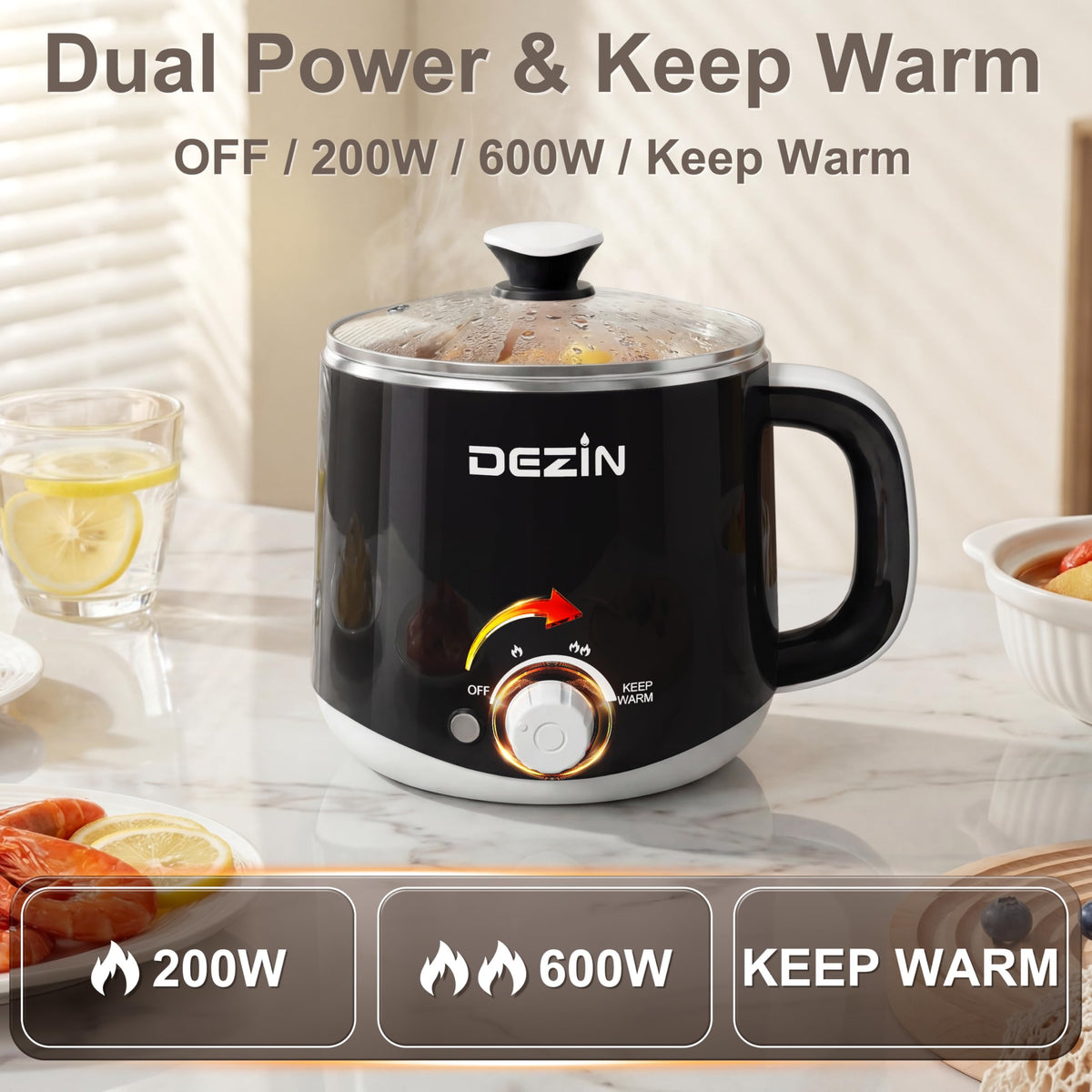 DEZIN keep-warm function maintains 75–80°C for ongoing meals.