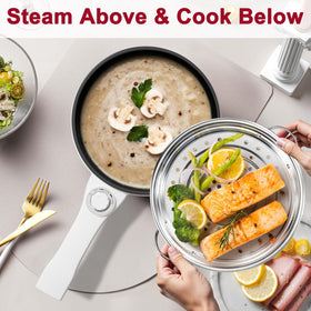Steamer basket adds gentle steaming options for vegetables.