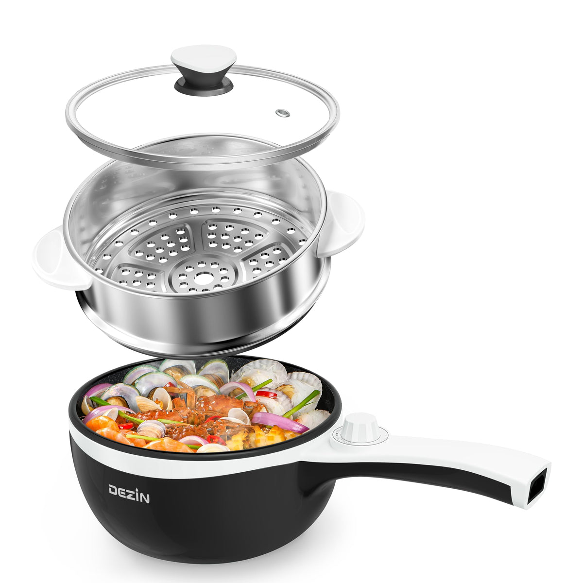 DEZIN electric hot pot with steamer, non-stick coating for easy cleanup.