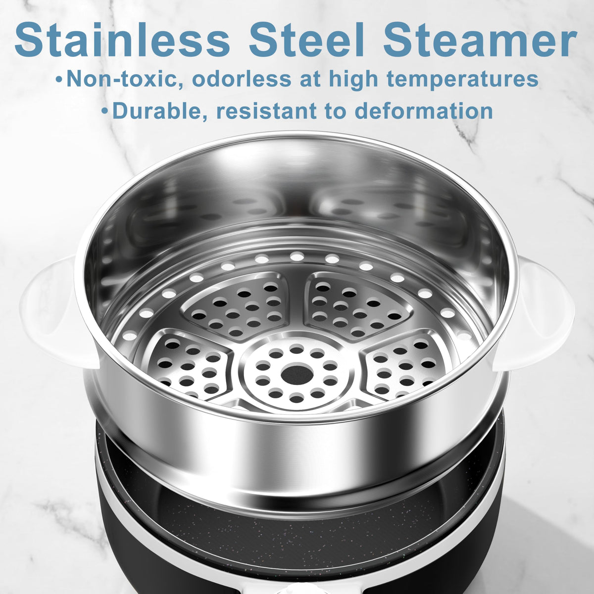 DEZIN steamer-enabled pot cooks noodles quickly and evenly.