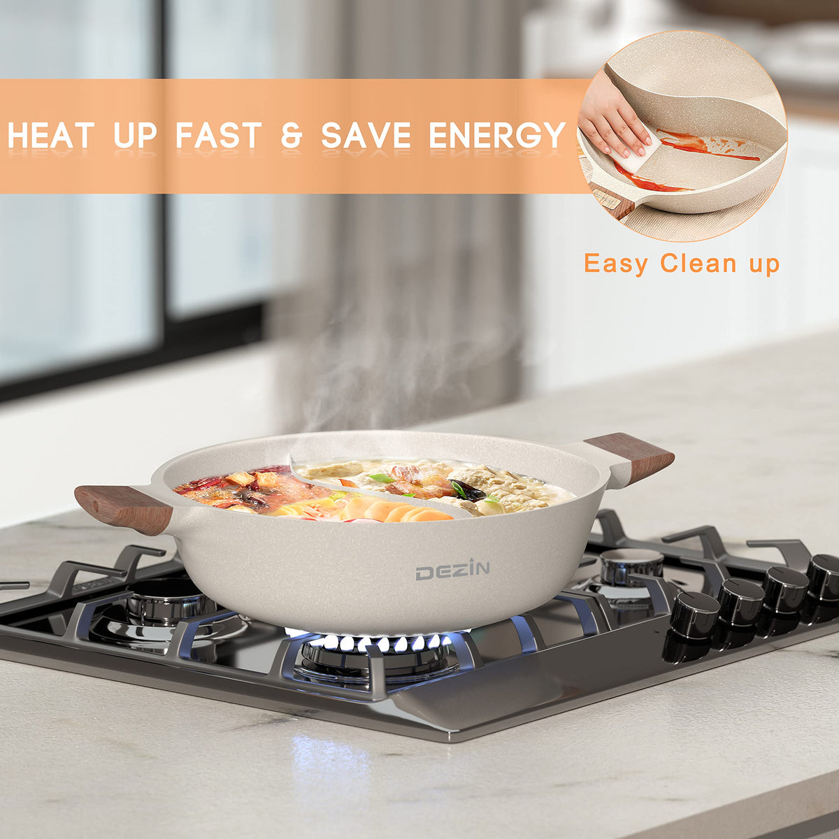 DEZIN induction-compatible bottom with magnetic conduction enables versatile stove use.