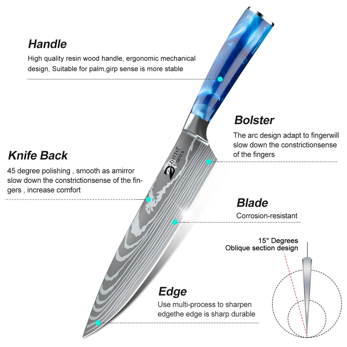Dfito blue resin handle ergonomic design provides comfortable grip during long chopping sessions