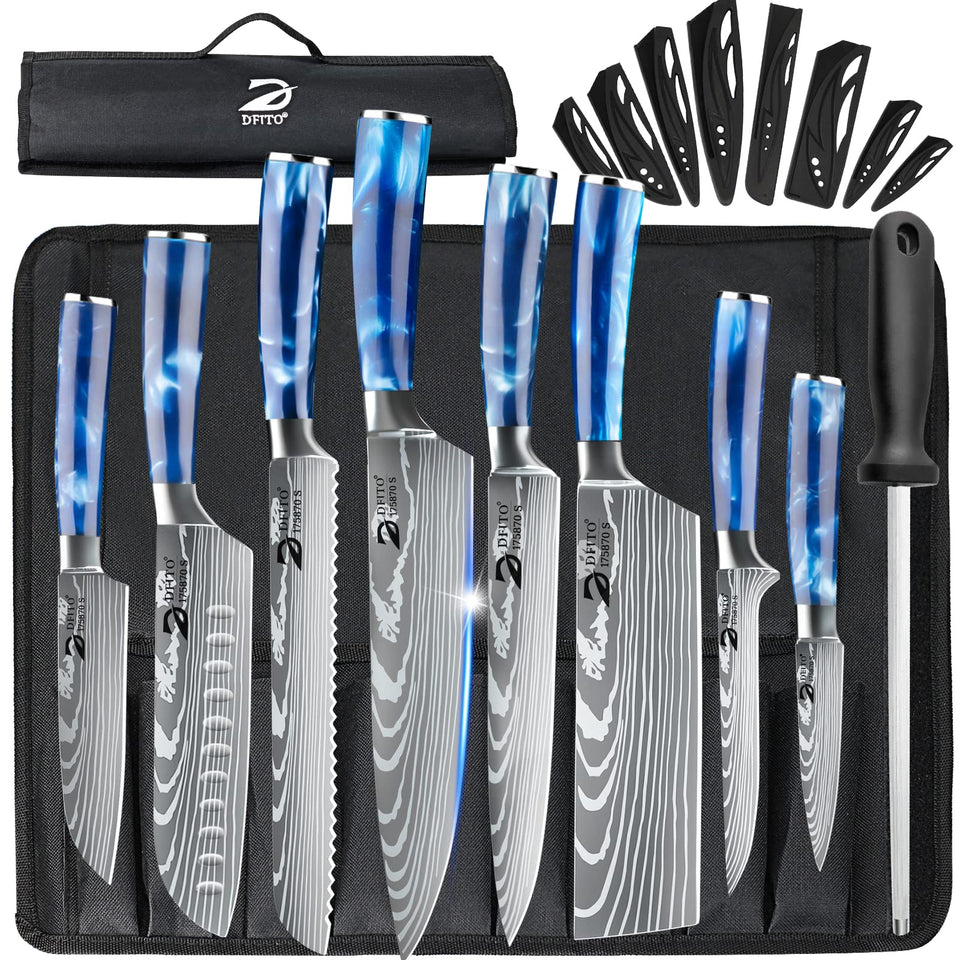 Dfito chef knife set with roll bag, 9 pieces, ready for organized storage and on-the-go prep