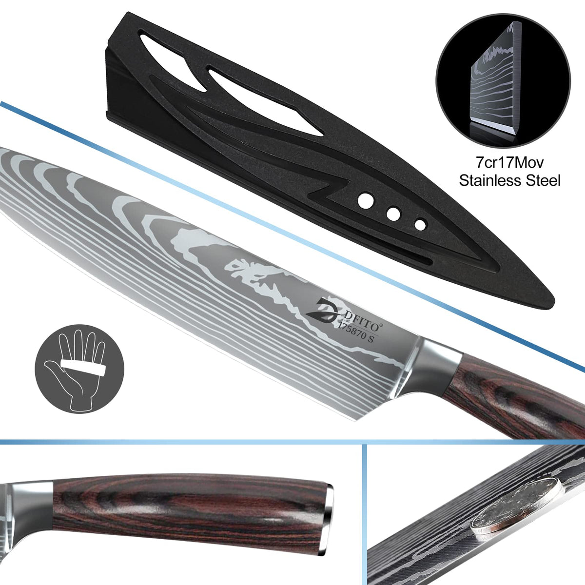 Dfito red pakkawood handle detail and ergonomic grip