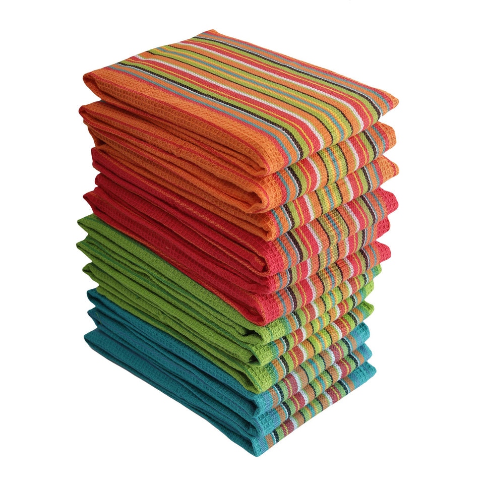 DG Collections Salsa Stripe kitchen towel closeup, ultra-absorbent cotton for quick spill cleanup.